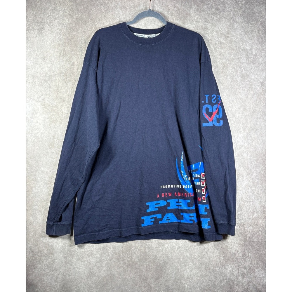 Phat Farm T-Shirt Mens XL Blue Graphic Long Sleeve Vintage 90s Hip Hop Urban Tee
